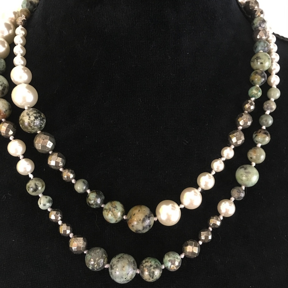 Lulu Frost Pearl, Bronze & Jade 20 Inch Necklace